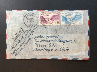 BroadviewStamps Canal Zone #C10-11 air mail cover.  Ancon to Santiago, Chile. - Image 1 of 3