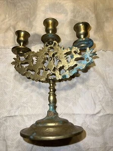 ANTIQUE CHINESE LATE QING BRASS ETCHED 3 ARM CANDELABRA CANDLE HOLDER - Picture 1 of 6