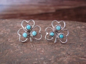 Zuni Indian Sterling Silver Turquoise Clover Heart Post Earrings by Pablito - Picture 1 of 4
