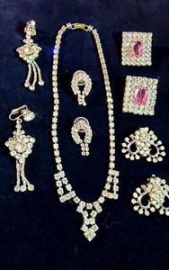 Antique And Vtg Rhinestone Jewelry Necklace And 4 Pairs Of Earrings - Picture 1 of 9