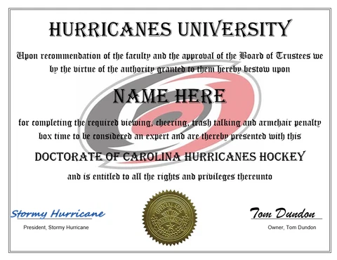 CAROLINA HURRICANES PERSONALIZED FAN DIPLOMA, GREAT GIFT NHL HOCKEY PUCK STICK Cover