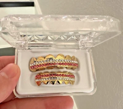 Parrilla de dientes chapados en oro de 14K ajuste personalizado circonita cúbica Cardi B piedras rosas + kit de molde EE. UU. Foto 1 de 3