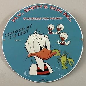 VINTAGE SMITH & SON SEAFOOD PORCELAIN GAS OIL WHOLESALE FISH MARKET AD PUMP SIGN - Picture 1 of 12