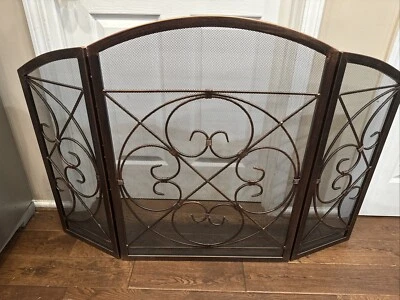 3 Panel Antique Copper Finish Fireplace Mesh Screen Rosette Scroll Metal 48 X 33 - Image 1 of 3