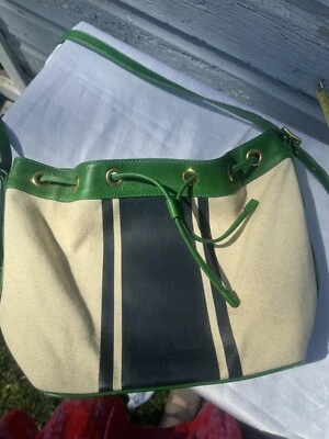 J CREW NWT Canvas & Leather 'Tillery' Bucket Bag $138 Green/Blue Stripe - Image 1 of 4
