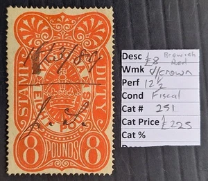 1884- Victoria Australia £8.00 Brown Red/Yellow stamp Duty Used Cat £225.00 - Bild 1 von 2