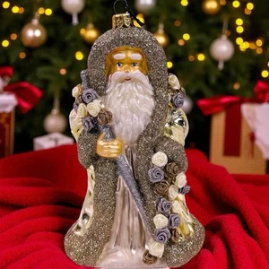 Neiman Marcus 2008 Glass Santa Ornament Father Christmas Roses Gold Silver 6.75” - Picture 1 of 10