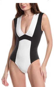 Carmen Marc Valvo Color Blocked Plunge Einteiler Badeanzug schwarz & weiß Gr. 14 - Bild 1 von 9