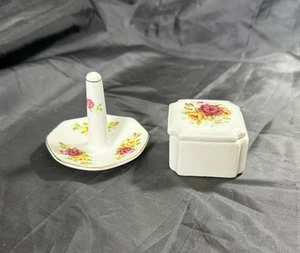 Vintage Hand-Painted Porcelain Jewelry Set Red/Yellow Roses Box Lid Ring Holder - Picture 1 of 15