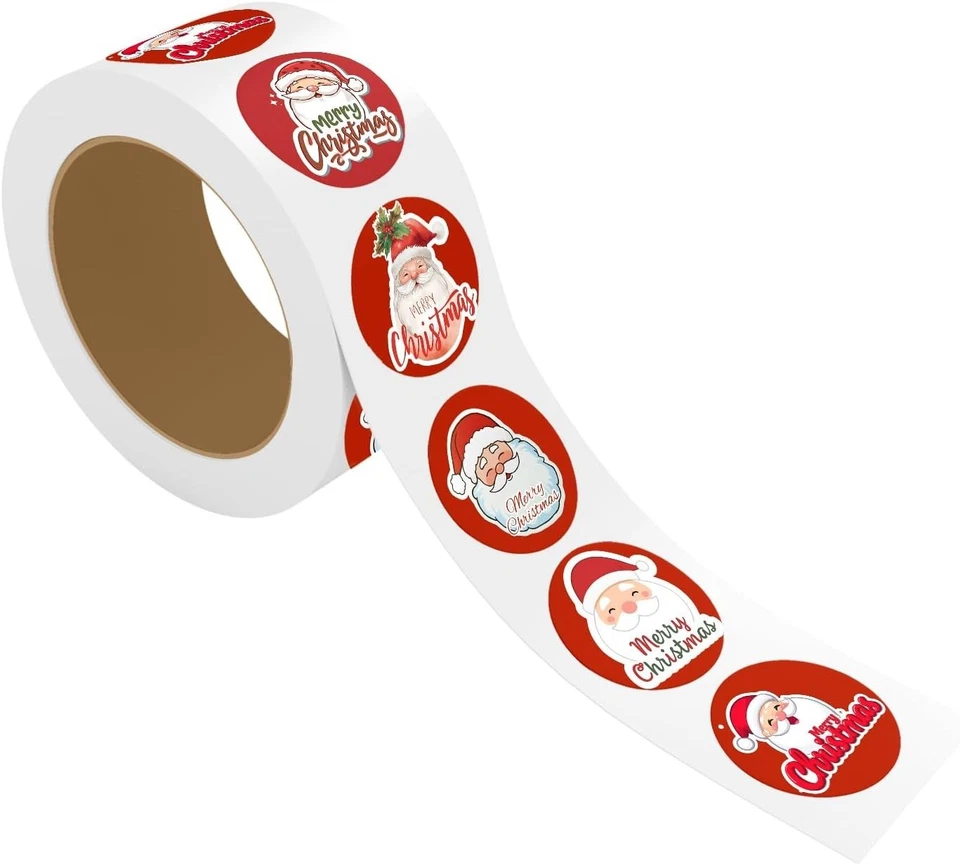 StickerJet Christmas Stickers 2x2 Inch Round, 500-pcs Roll (Assorted 5 Designs)