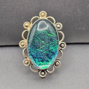925 Sterling Silver Plt Dichroic Glass Ring Size 8.5 Blue Bezel Setting - Picture 1 of 13