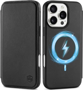 Custodia magnetica portafoglio sottile in vera pelle Shieldon per iPhone 16 Pro 6,3" nero - Foto 1 di 8