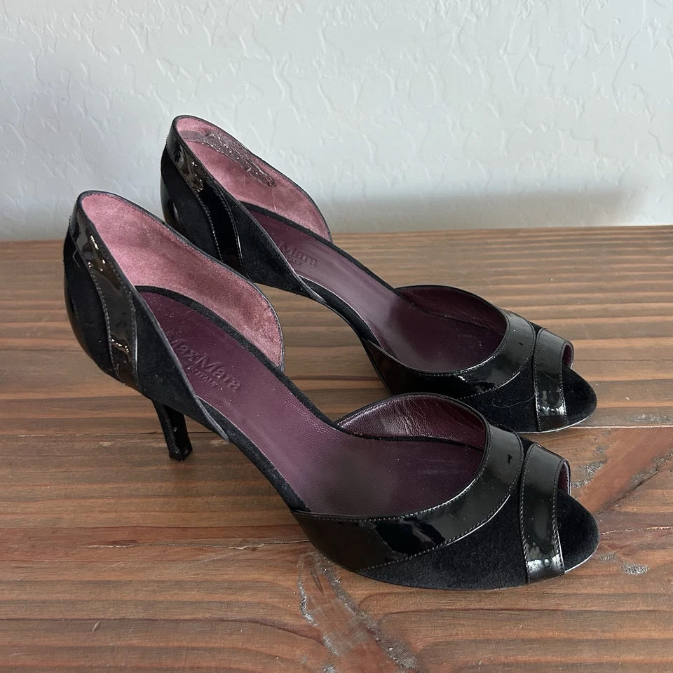 Zapatos MAX MARA para mujer 37,5/7 negros charol gamuza punta abierta zapatos de salón tacones  Foto 1 de 4