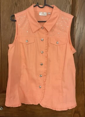 Quaker Factory Rhinestone Studded Denim Vest - Bright Peach - Medium - Image 1 of 4
