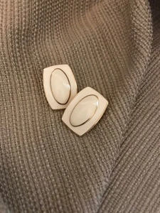 Vintage Monet Ivory Enamel and Gold Tone Clip Earrings - Picture 1 of 2