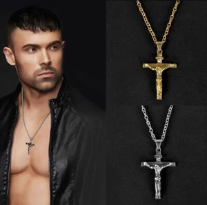 Men’s/Women’s Yellow/White Gold Plated Cross/Crucifix/Christ/Jesus Pendant Chain - Picture 1 of 9