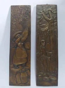 Raro Coppia Vintage Di Pannelli da Parete Appesi Ottone Brasiliano Intagliati a Mano Su Legno - Foto 1 di 12