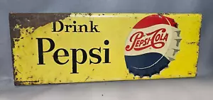 1960's PEPSI COLA Single Dot Bottle Cap Metal Sign, Stout # M-203 14" X 5" - Picture 1 of 15