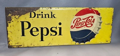 1960's PEPSI COLA Single Dot Bottle Cap Metal Sign, Stout # M-203 14" X 5" - Image 1 of 4