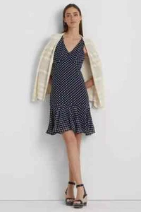 Lauren Ralph Lauren Damen Kleid gepunktet Chiffon ärmellos marine/creme Gr. 2 - Bild 1 von 5
