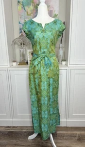 1960s Silk Brocade Dress Gown Green Belted Wiggle Dress Small - Picture 1 of 11