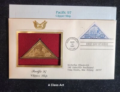 Réplica de sello de oro de 22 kt edición primer día 1997 Pacific 97 Clipper Ship Nuestro SC306 Foto 1 de 4