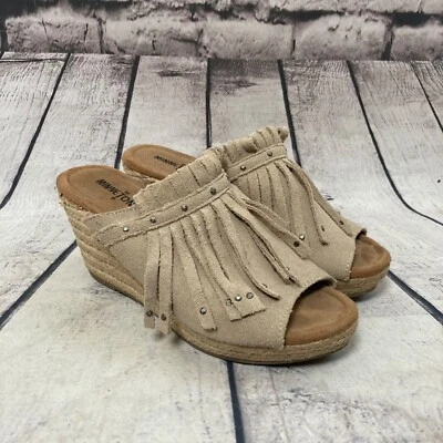 Minnetonka Wedge Sandals Womens 8 Suede Fringe Slip on Shoes Beige Espadrilles - Image 1 of 4