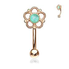 Rose Gold Curved Eyebrow Bar with Turquoise Centre Flower Filigree Top