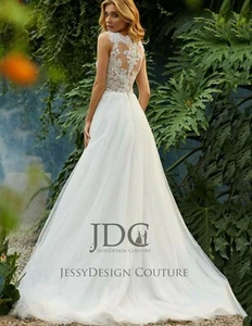 Prinzessin Spitze Illusion Haut Korsage A-Linie Brautkleid Hochzeitskleid Knöpfe - Bild 1 von 7