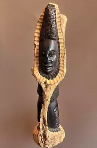 Afrikanische handgeschnitzte Skulptur Gesichter Makonde Massivholz Statue 16" Vintage - Bild 1 von 9