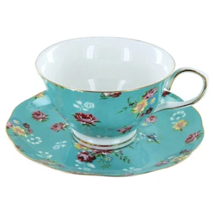 Shabby Rose Turquoise Porcelain - Tea Cup and Saucer Set - Picture 1 of 1
