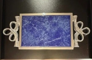 Vtg Lamosa Mexican Serving Tray Blue Marble Pewter Ornate Handles 21" Handmade - Picture 1 of 12