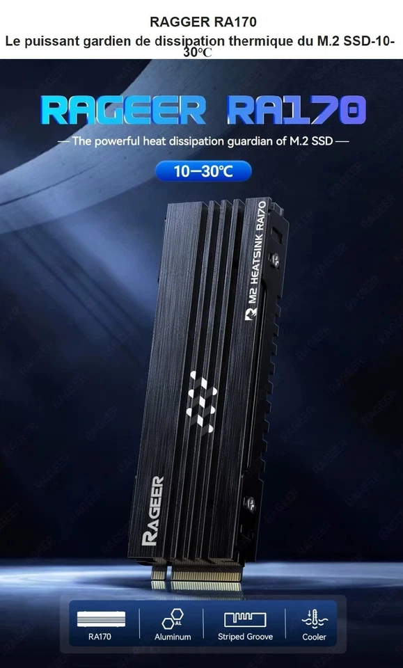 RAGEER❣️Dissipateur Thermique pour SSD NVMe/NGFF M.2 2280 avec pads thermiques - Photo 1/4