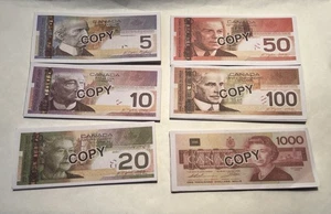 Faux 4”x 1.5” Printed Canada Bills, 25 x $5, $10, $20, $50, $100, $1000 - Bild 1 von 8