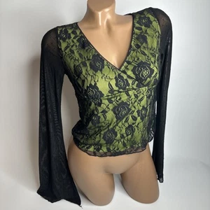 Y2K Go Girl Go Lace Mesh Bell Long Sleeve Top Lime Green Fairy Goth Witchy S - Picture 1 of 9