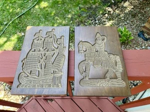 Hand Carved Large Speculaas Springerle Cookie Molds Horse Rider Boat 13x9” - Picture 1 of 6