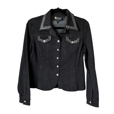Chaqueta de mezclilla negra Christine Alexander para mujer talla S con botones estrás elástica Foto 1 de 4