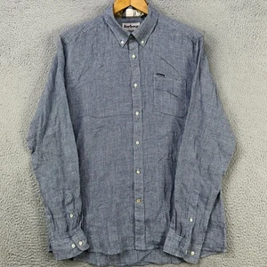 Barbour Mens Button Down Linen Shirt Medium Blue Houndstooth Plaid Flip Cuff - Picture 1 of 12