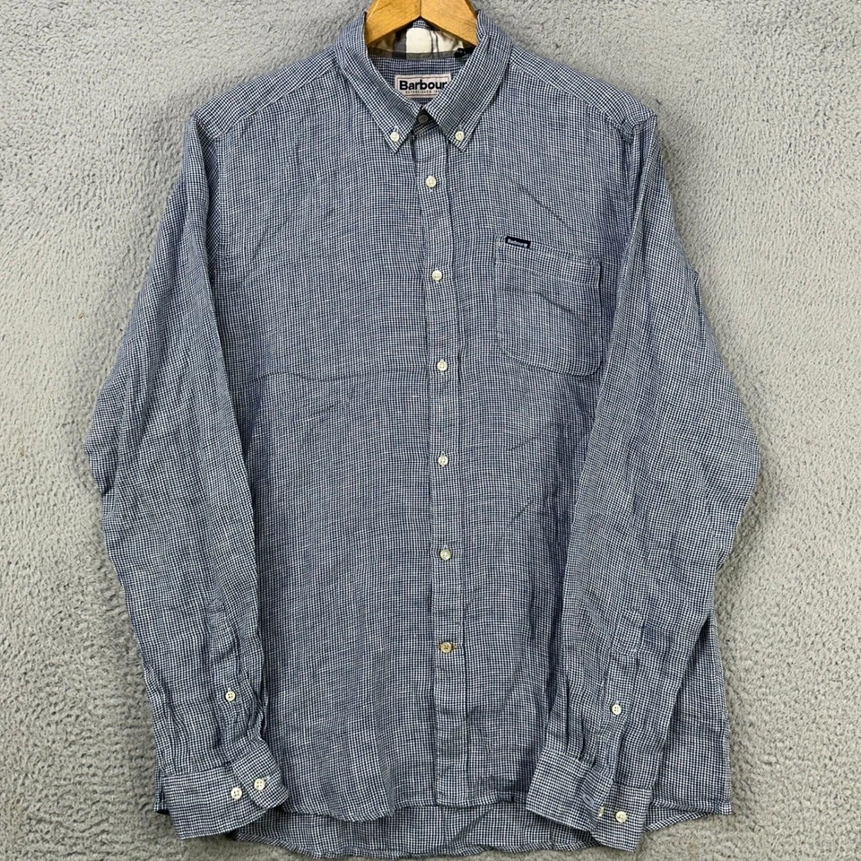 Barbour Mens Button Down Linen Shirt Medium Blue Houndstooth Plaid Flip Cuff - Image 1 of 4