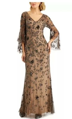 Vestido longo Adrianna Papell gola V manga sino frisado floral tamanho 4 - Imagem 1 de 4