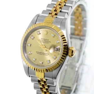 Rolex Datejust 26mm Yellow Gold Steel Champagne Diamond Dial & Fluted 69173 - Picture 1 of 9