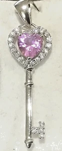 New Sterling Silver KEY w/Pink Tourmaline Heart Pendant - Picture 1 of 1