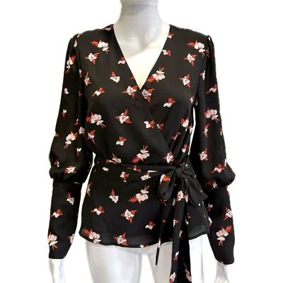 Blusa Chelsea28 Floral Peplum Talla XS Manga Larga Abullonada Corbata Envolvente Elegante Top Foto 1 de 4