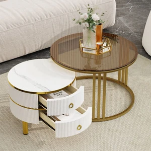 Nesting Coffee Tables Set of 2,Stacking Center Table w/ Marble Grain Tabletop - Picture 1 of 18