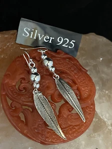 Solid Silver Long Feather Earrings - Picture 1 of 6