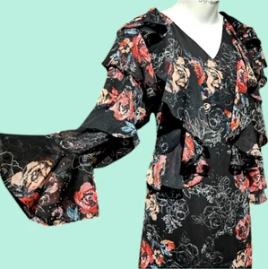 Catherine Malandrino ruffled floral print dress black frilly midi womens 2 XS 3F - Picture 1 of 16