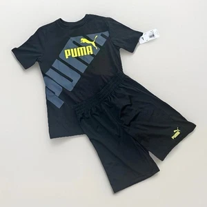 NWT Puma Shorts and T-Shirt Boys Size Medium 10-12 Black And Green 2 Piece Set - Picture 1 of 12