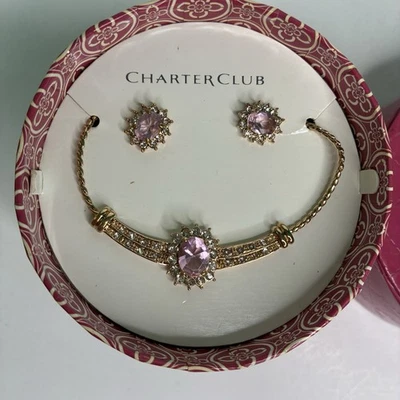 "Collar y pendientes Charter Club 16"" tono dorado piedras rosas" Foto 1 de 4