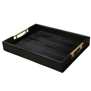 Wood Serving Tray, Black, 17x13”, Large Ottoman Tray with Metal Handles, Deco... - Picture 1 of 7