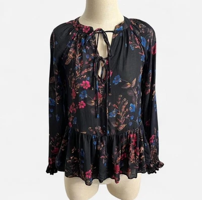 Blusa para mujer William Rast Lottie negra con estampado floral campesino corbata delantera XS Foto 1 de 4